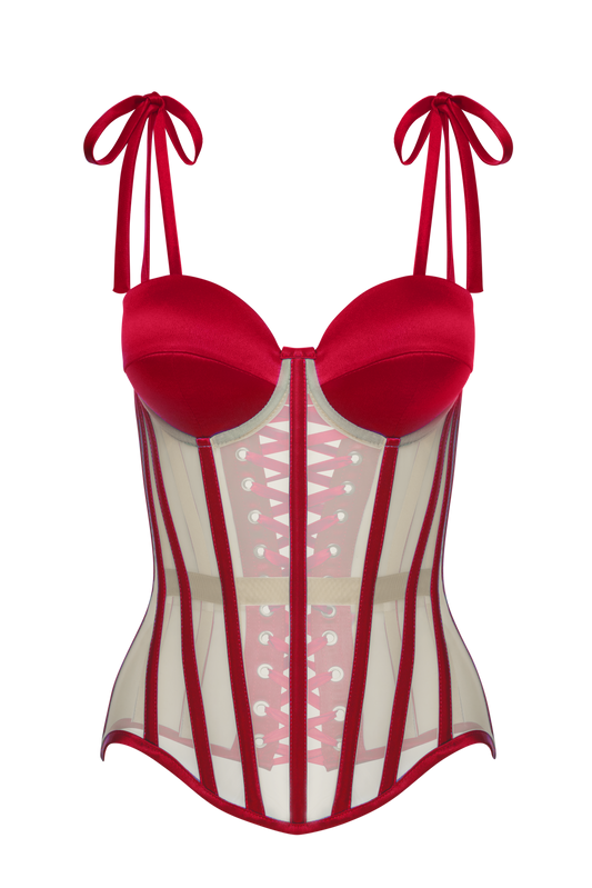 Mesh Corset Top With Red Satin Cups, Steel Bones Custom Corset Tops, Removable Straps Lacing Up Corset