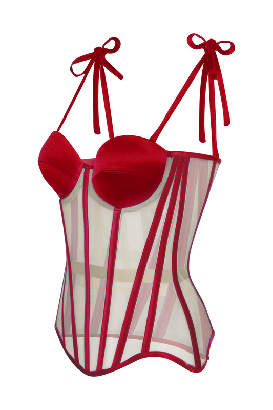 Mesh Corset Top With Red Satin Cups, Steel Bones Custom Corset Tops, Removable Straps Lacing Up Corset