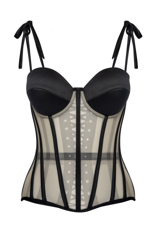 Nude Mesh Corset Top With Black Satin Cups, Steel Bones Custom Corset Tops, Removable Straps Lacing Up Corset