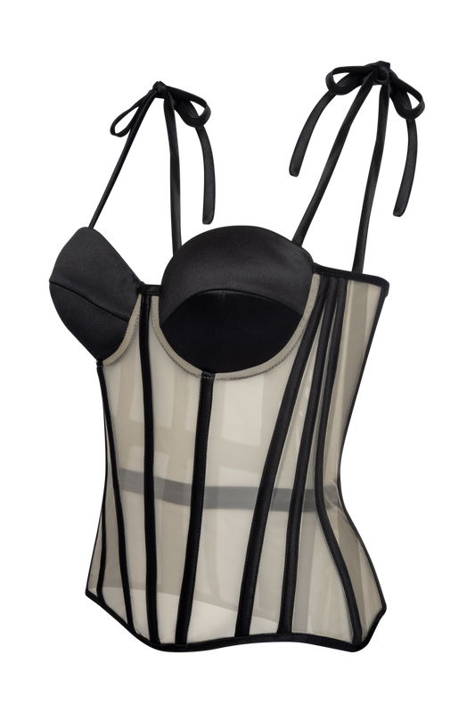 Nude Mesh Corset Top With Black Satin Cups, Steel Bones Custom Corset Tops, Removable Straps Lacing Up Corset