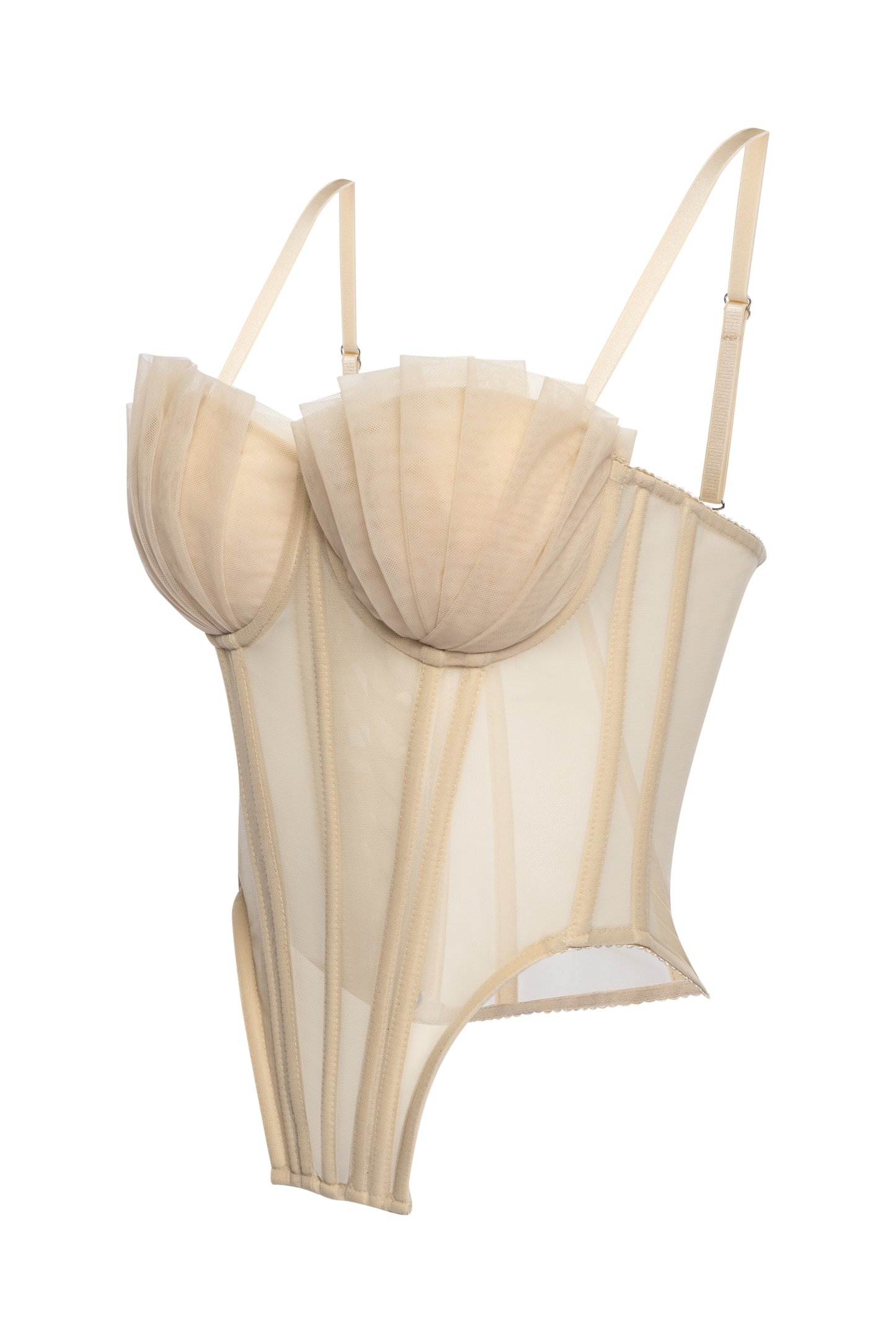 Beige Mesh Corset Top With Folds Cups, Removable Straps Nude Crop Top,  Lacing Up Custom Corset