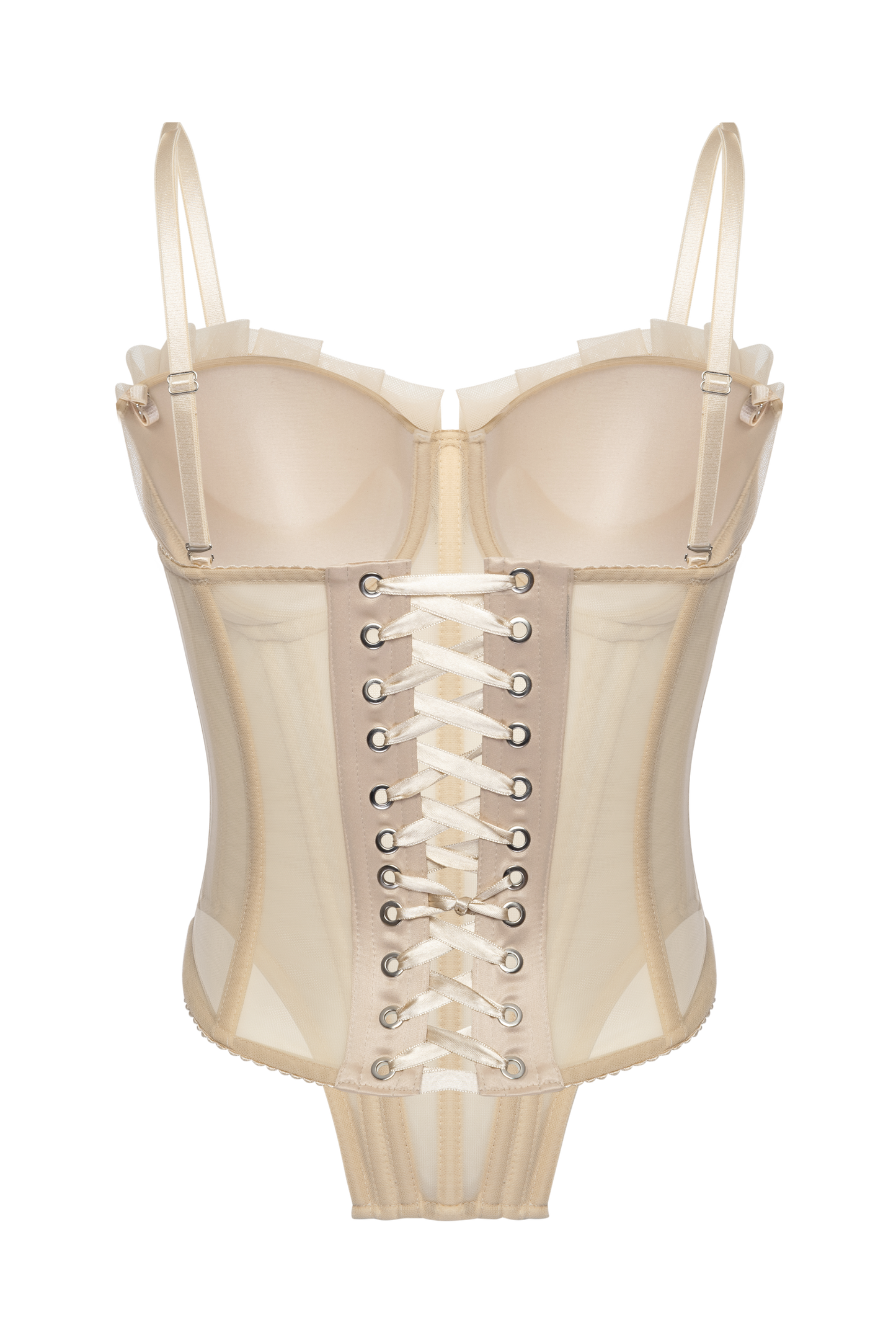 Beige Mesh Corset Top With Folds Cups, Removable Straps Nude Crop